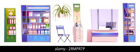 Medical pharmacy counter store interior vector illustration. Shelves in drugstore with medicine, drug and vitamin. Modern healthcare clinic service for sale drugs and cardiograph device equipment Stock Vector