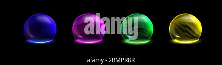 Set of neon color sphere shields isolated on black background. Vector realistic illustration of blue, purple, green, yellow 3D domes, magic energy barrier effect, data security protection technology Stock Vector