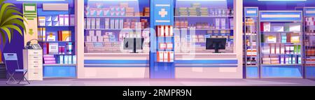 Pharmacy interior with drugs on shelves. Vector cartoon illustration of drugstore selling medication, cosmetic bottles, boxes of pills, tablets on shelf, computer on cash desk, pharmaceutical business Stock Vector