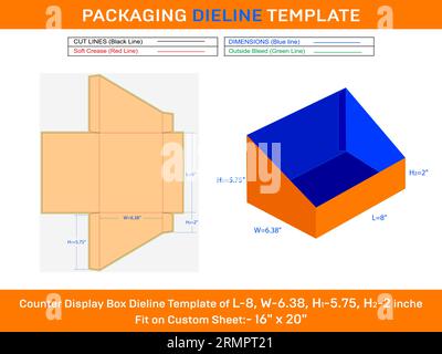 Phone cases counter display box dieline template 8x6.38x5.75 inche Stock Vector