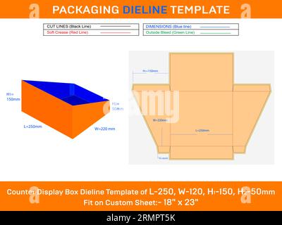 Cardboard Counter Display Box Dieline Template for Corrugated L 250xW 220xH1 150xH2 50mm Stock Vector