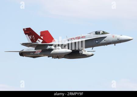 A U.S. Marine Corps F/A-18C Hornet from the VMFA-232 unit taking off from the Scottsdale Airport Stock Photo