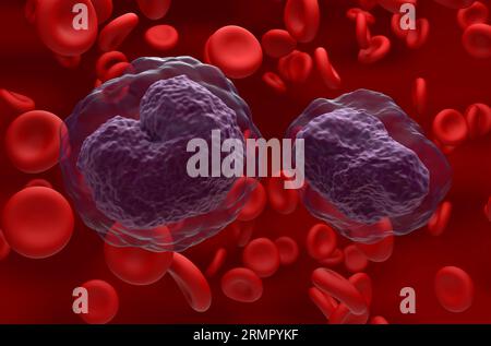 Non-hodgkin lymphoma NHL cells in the blood flow - closeup view 3d illustration Stock Photo