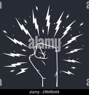 Fist hand up with thunder lightning bolts around, power gesture, vector Stock Vector