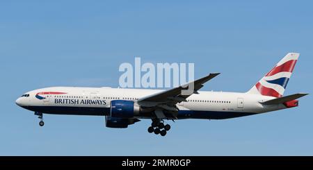 Richmond, British Columbia, Canada. 12th Aug, 2023. A British Airways Boeing 777-200ER jetliner (G-VIIU) airborne on final approach for landing at Vancouver International Airport. (Credit Image: © Bayne Stanley/ZUMA Press Wire) EDITORIAL USAGE ONLY! Not for Commercial USAGE! Stock Photo