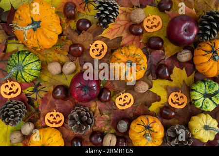 Small Halloween decorations flat lay composition, with decorative autumn pumpkins, apples, cones, walnuts and chestnuts on fall leaves. Stock Photo