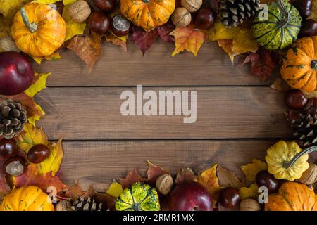 Autumn flat lay composition frame with copy space on wooden background. Variety of gourds, pumpkins, walnuts, cones, apples, chestnuts on fall leaves. Stock Photo