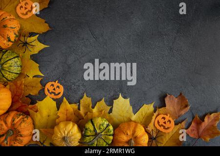 Autumn composition for Halloween. Decorative gourds, pumpkins, squash types and decorations on fall leaves. Flat lay concept with copy space. Stock Photo
