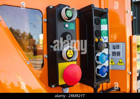 Garbage truck instrument panel or command table. Operation control buttons. Stock Photo