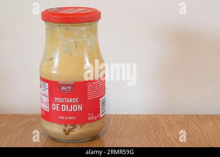 Primelin – France, May 25, 2022 : Dijon mustard jar from Kania brand Stock Photo