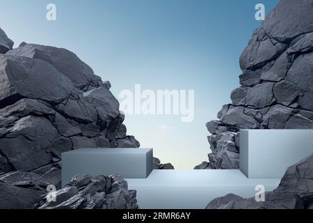 Gray podium for display product surrounded by dark stone rock mountain. Pedestal on stone and sky background with mock up place. 3d Illustration. Stock Photo