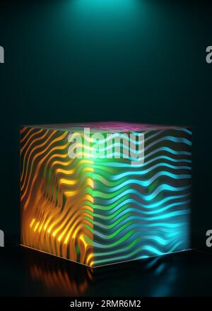 3d rendering of neon abstract background with glowing waves over isolated cube. Laser show in virtual reality. Stock Photo