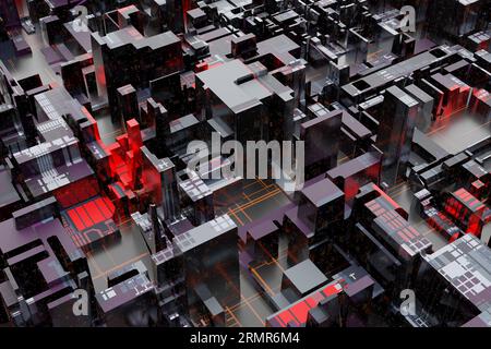 3D Rendering of Abstract Aerial Top Down View of Futuristic Sci-Fi City Buildings Stock Photo
