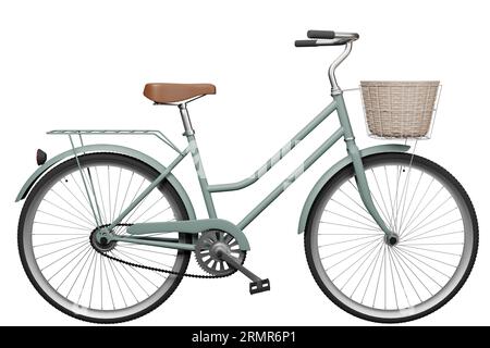 A 3D render of a classic female bicycle standing alone on a white background, exuding vintage elegance and timeless charm Stock Photo