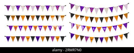 Halloween garland pennants and flags with holiday pattern, horror night vector decorations. Halloween holiday banner flags with scary pumpkin, spiderw Stock Vector