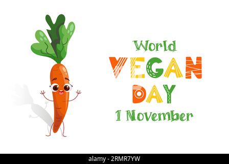 Cute character funny carrot in cartoon style. Vegan day. Banner in cartoon style. Lettering in Scandinavian style. For advertising, website, poster, f Stock Vector