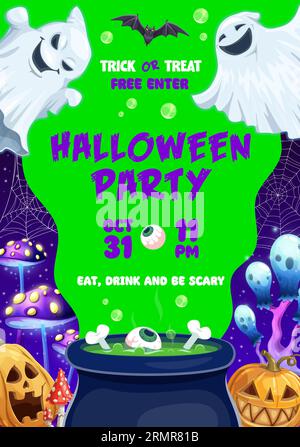 Halloween party flyer with potion cauldron, witch mushrooms, pumpkins and vector funny ghosts. Halloween holiday trick or treat party with spooky boo Stock Vector
