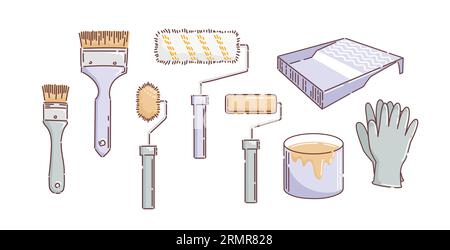 A set of brushes and rollers for painting. Cuvette for paints, gloves, a jar of enamel. Repair, building. Vector illustration in doodle style. For sti Stock Vector