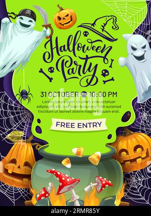 Halloween party flyer with witch cauldron and funny ghosts for holiday, cartoon vector. Halloween party invitation poster for trick or treat night wit Stock Vector