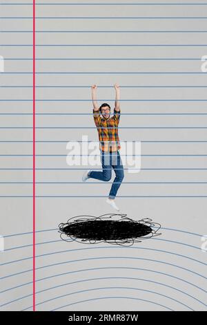 Vertical collage image of impressed frightened mini guy arms hold copybook paper page stripe line hang above black hole Stock Photo