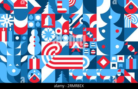 Bauhaus Christmas holiday geometric pattern. Merry Xmas wallpaper, Christmas celebration print or winter season festive design cover. Retro vector orn Stock Vector