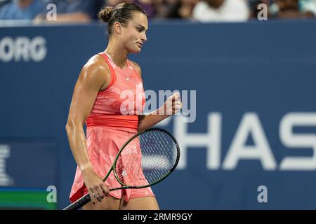 New York, USA. 29th Aug, 2023. Aryna Sabalenka reacts during 1st round match against Maryna Zanevska of Belgium of US Open Championships on Billie Jean King Tennis Center in New York on August 29, 2023. Sabalenka won in straight sets (Photo by Lev Radin/Sipa USA) Credit: Sipa USA/Alamy Live News Stock Photo