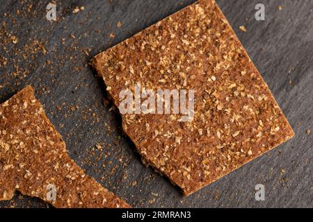 Thin crispy rye flour bread with bran, baked from rye flour hard and crispy bread Stock Photo