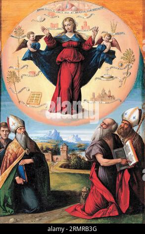 Benvenuto Tisi da Garofalo, Madonna in Glory and Holy Ones, painting in oil on wood, 1525-1550 Stock Photo