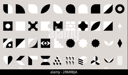 Simple geometric shapes inspired by Swiss minimalism, Bauhaus, Brutalism, retrofuturism. Abstract design elements set. Black and white Vector isolated Stock Vector