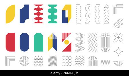 Set of abstract geometric shapes. Brutalism, Swiss minimalism, Bauhaus style. Simple flat and outline design elements. Color Vector illustration isola Stock Vector