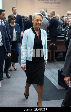 Paris, France. 30th Aug, 2023. French Prime Minister Elisabeth Borne leaves the Annual ambassadors conference in Paris, on August 30, 2023. Photo by Raphael Lafargue/ABACAPRESS.COM Credit: Abaca Press/Alamy Live News Stock Photo