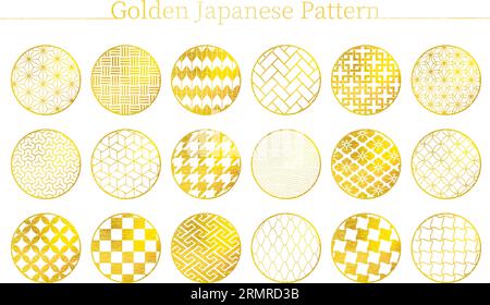 Japanese material, 18 Japanese patterns in gold (with Japanese textures), Vector Illustration Stock Vector