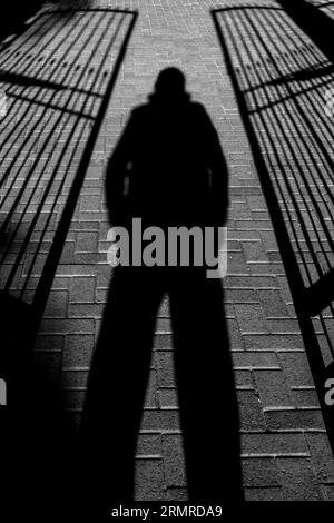 Foreboding shadow of person, legs apart, standing between two semi-open, wrought iron gates Stock Photo