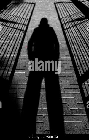 Foreboding shadow of person, legs apart, standing between two semi-open, wrought iron gates - Black and white with one, small red petal. Stock Photo