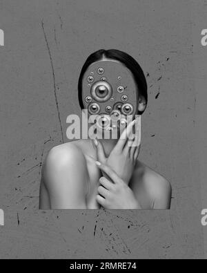 Tender faceless woman with many eyes on head. Black and white image. Witches and magic. Contemporary art collage. Stock Photo