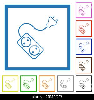 Portable electrical outlet with two sockets and extension cord and plug outline flat color icons in square frames on white background Stock Vector