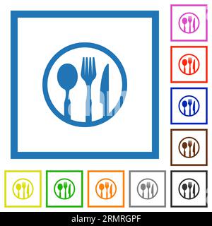 Tableware set outline flat color icons in square frames on white background Stock Vector