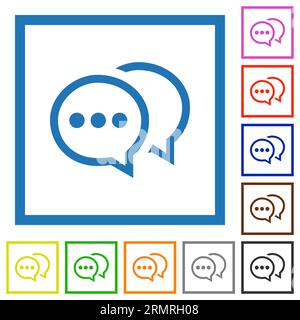 Two oval active chat bubbles outline flat color icons in square frames on white background Stock Vector