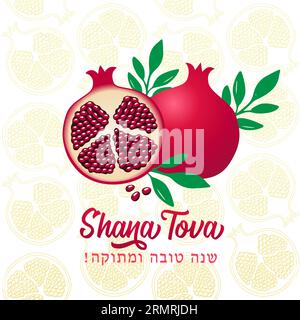 Jewish New Year greeting card concept. Happy and sweet new year text in Hebrew. Holiday traditional meal. Network or social media post. Decorative ban Stock Vector