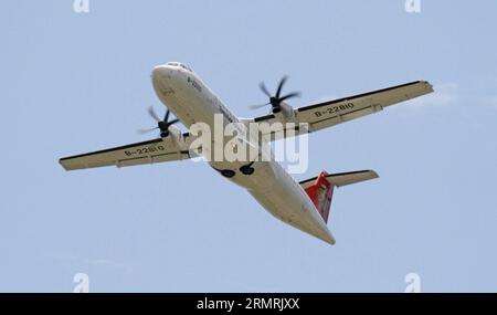 (140723) -- BEIJING, July 23, 2014 (Xinhua) -- This file photo taken in June, 2009 shows the ATR-72 airliner of Taiwan s TransAsia Airways which had an emergency landing in Penghu, southeast China s Taiwan, on July 23, 2014. The airliner which carried 54 passengers and four crew members was flying from Kaohsiung to Penghu, where it made an emergency landing, on Wednesday. At least 51 people were killed and seven injured, according to local source. (Xinhua)(wjq) CHINA-TAIWAN-PLANE-EMERGENCY LANDING (CN) PUBLICATIONxNOTxINxCHN   Beijing July 23 2014 XINHUA This File Photo Taken in June 2009 Show Stock Photo