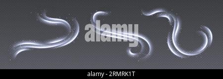 Cold wind with snow, air flow effect, winter freezing swirls, glowing light trails. Stock Vector