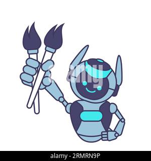 Robot holding paint brush vector illustration. Cartoon robot character mascot Stock Vector