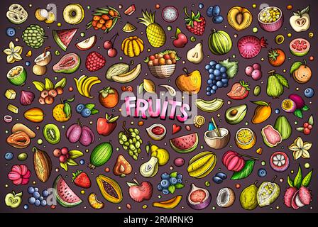 Cartoon vector doodle set features a variety of Fruits objects and symbols. The collection has a whimsical, playful feel. Perfect for various projects Stock Vector