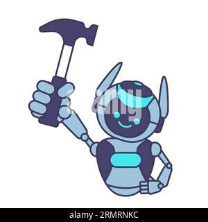 Robot carpenter character. Robot holding hammer Stock Vector