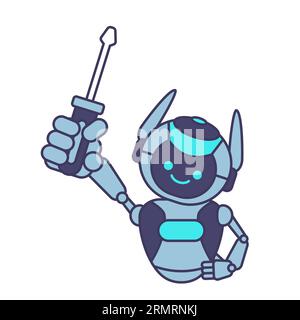 Robot mascot holding screwdriver vector illustration. Robot character pose Stock Vector