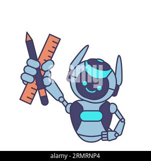 Robot mascot holding pencil and ruler vector illustration Stock Vector