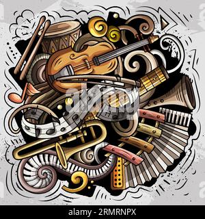 Cartoon vector doodles Classic music illustration. Colorful, detailed, with lots of objects background. All objects separate. Bright colors musical fu Stock Vector