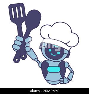 Robot chef holding spatula and spoon. Robot chef mascot illustration Stock Vector