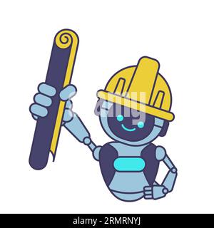robot holding blueprint paper. Robot mascot character vector illustration Stock Vector