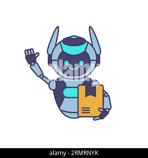 Robot mascot delivering package illustration. Robot carrying parcel. Stock Vector